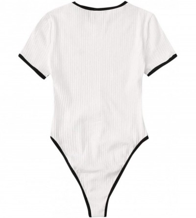 Shapewear Women's Embroidered Letter Short Sleeve Ribbed Bodycon Leotard Bodysuit - White - C81982AC7QW $14.93