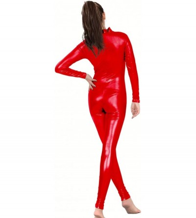 Shapewear Womens Shiny Metallic Spandex Zip Up Catsuit Unitard- Red- XL - CV189CQ2W28 $27.65