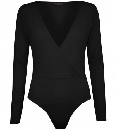 Shapewear Womens Laser Cut Wrap Over V Neck Stretchy Bodysuit - Black - C212F82ANTN $9.12