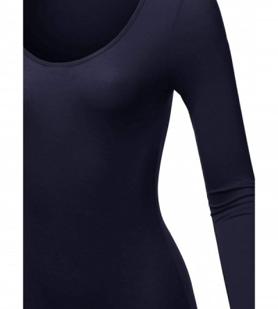 Shapewear Women's Classic Rib Long Sleeve Scoop Neck Bodysuit - Fewbsl0007 Navy - CW18OWZX583 $10.75