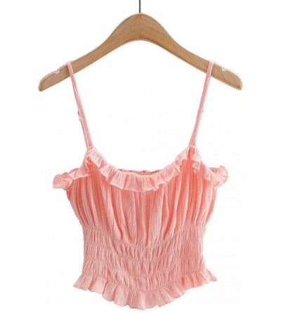 Camisoles & Tanks Women's Ruffled Smocking Adjustable Spaghetti Strap Tube Camisole Crop Cami Top - Pink - CK19D63UN38 $45.83