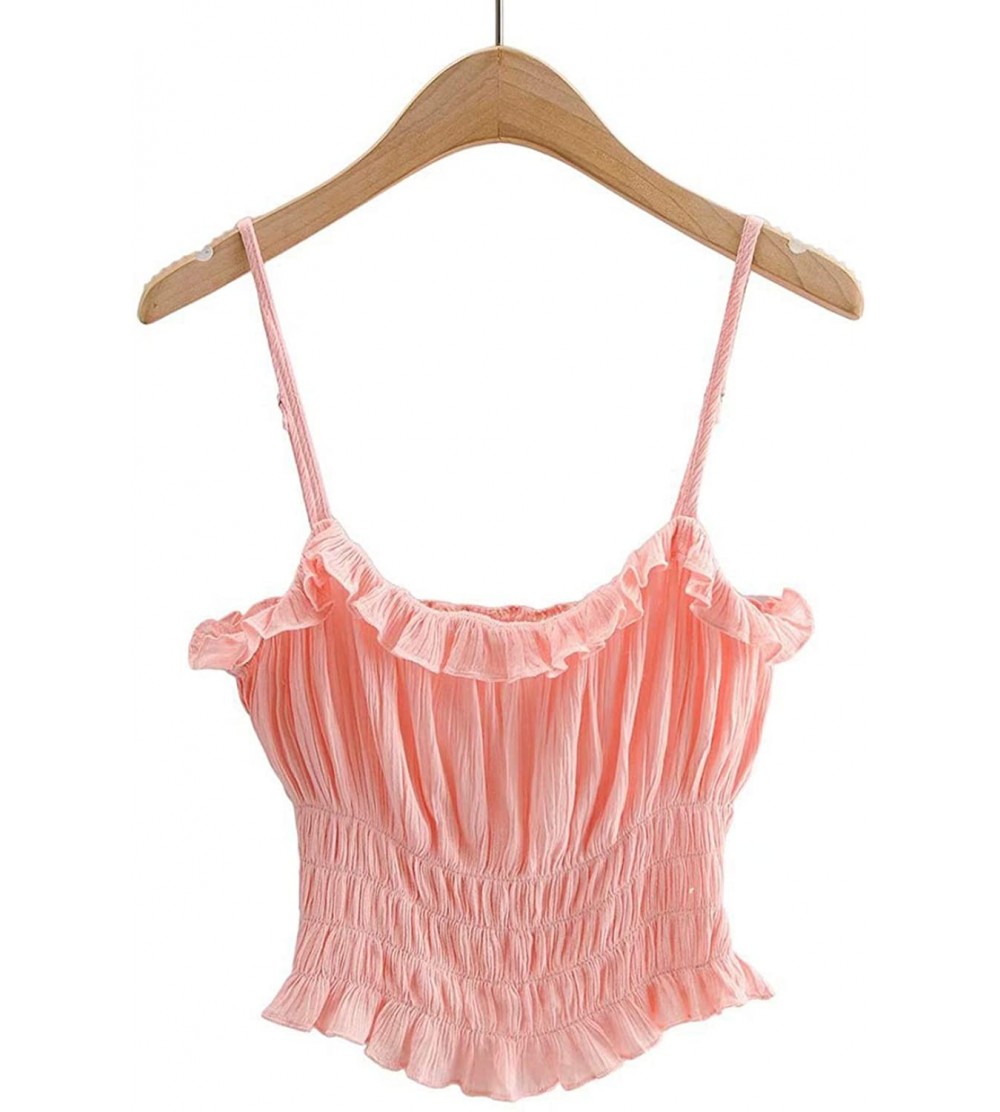 Camisoles & Tanks Women's Ruffled Smocking Adjustable Spaghetti Strap Tube Camisole Crop Cami Top - Pink - CK19D63UN38 $18.56
