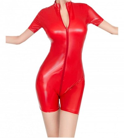 Shapewear Womens Patent Leather Long Sleeve Zipper Lingerie Full Bodysuit Clubwear - Red a - CZ197NQHHWY $26.71