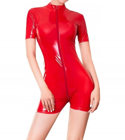 Shapewear Womens Patent Leather Long Sleeve Zipper Lingerie Full Bodysuit Clubwear - Red a - CZ197NQHHWY $26.71