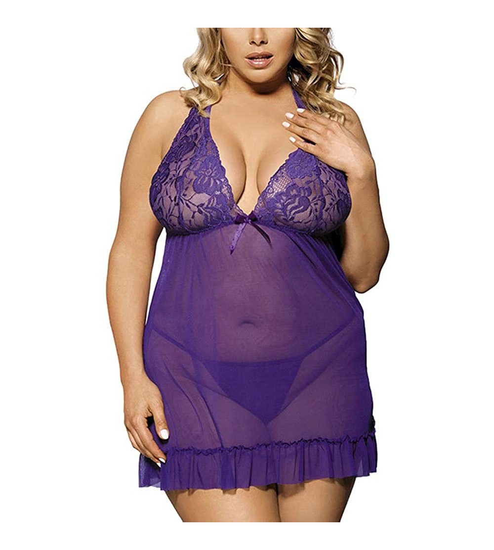 Garters & Garter Belts Women Lingerie Plus Size Sexy Lace Babydoll Chemise Underwear Nightdress Sleepdress - Z-purple - CF195...