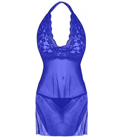 Slips Solid Lingerie Women Sling V Neck Lace Lingerie Pajamas Sexy Halter Nightdress Underwear Set - Blue - CG196IXL67K $8.21