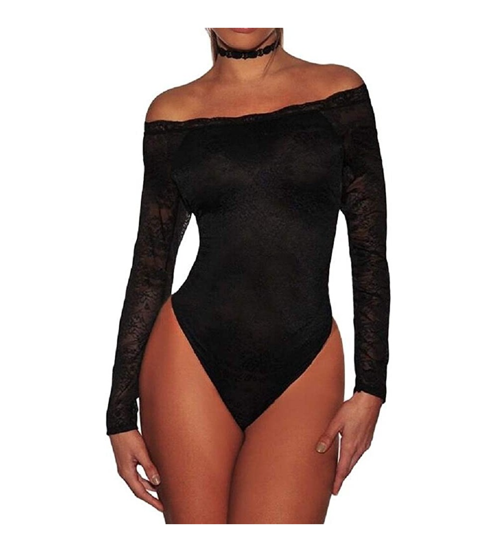 Shapewear Women Black Long Sleeve Off Shoulder Floral Lace Mesh Bodysuit - C118H8X43YR $27.72