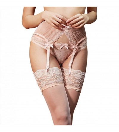Garters & Garter Belts Sexy See-Through Floral Lace Underwear Garters Panties Stockings 3Pcs - Pink - CK192NY83D0 $17.79