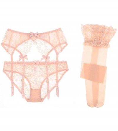 Garters & Garter Belts Sexy See-Through Floral Lace Underwear Garters Panties Stockings 3Pcs - Pink - CK192NY83D0 $17.79