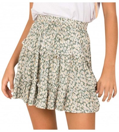 Slips Women's Ruffle Floral Print High Waist Mini Skirt Casual Beach Cute Polka Pot Short Skirts with Bow - Green - CL196N3RK...