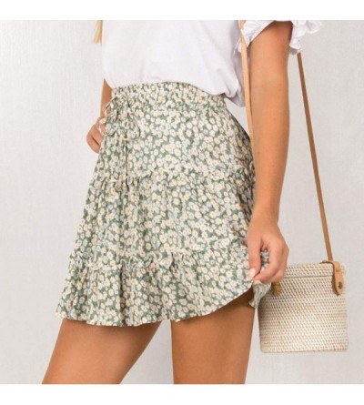 Slips Women's Ruffle Floral Print High Waist Mini Skirt Casual Beach Cute Polka Pot Short Skirts with Bow - Green - CL196N3RK...