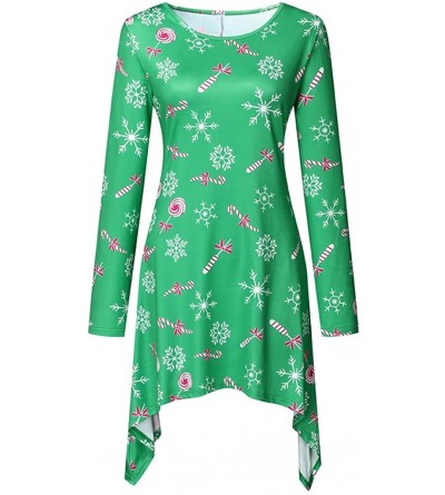 Slips Womens Christmas Dress Casual Santa Snowflake Printed Round Neck Long Sleeve Loose Midi Dress - Green - C3192K3R3DU $24.07