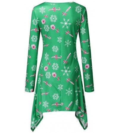 Slips Womens Christmas Dress Casual Santa Snowflake Printed Round Neck Long Sleeve Loose Midi Dress - Green - C3192K3R3DU $24.07