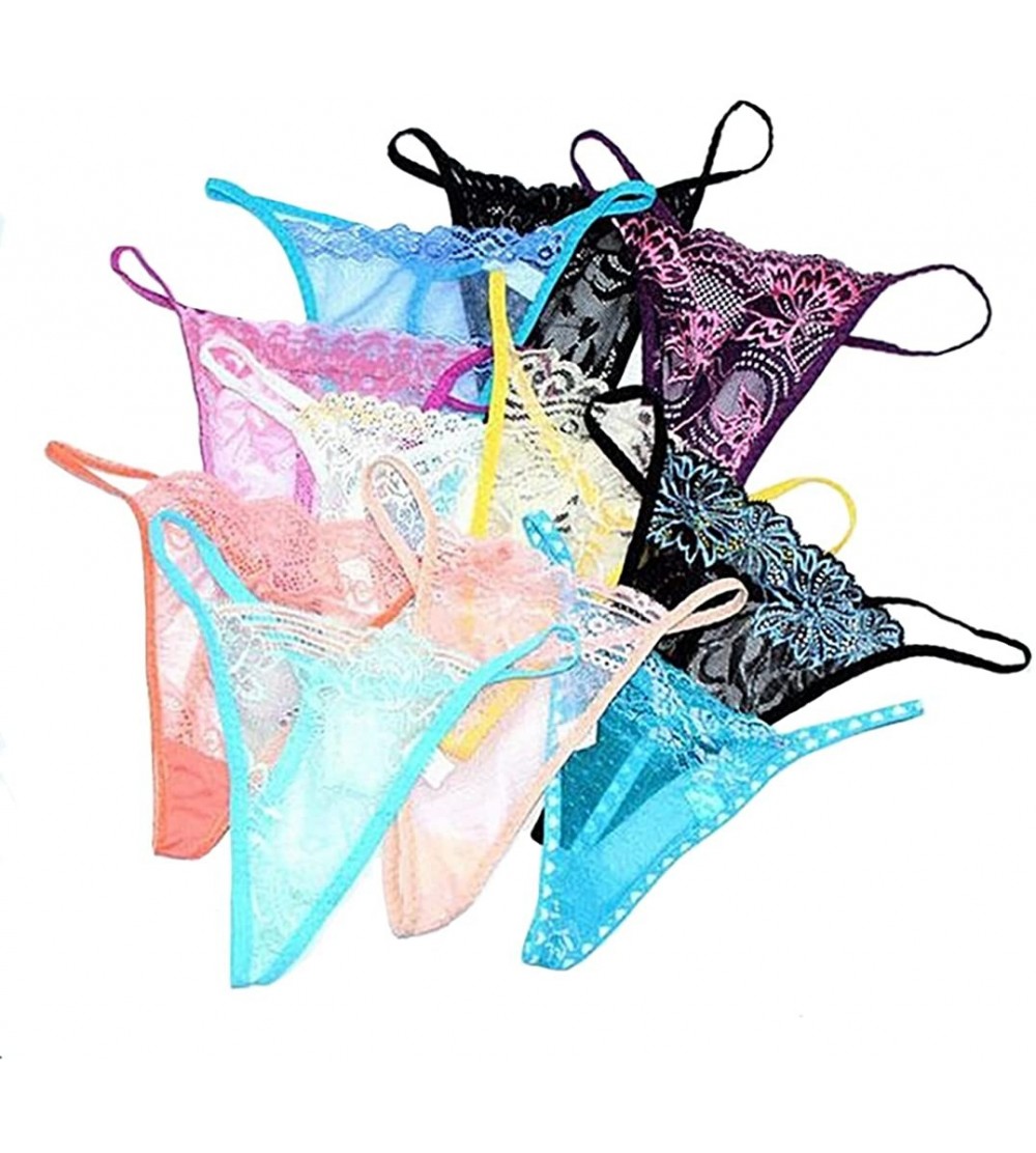 Panties Pack of 10 Sheer Lace G-String Sexy Lingerie T-Back Thongs Panties Underwears Assorted Color - Multicolored B - CB122...