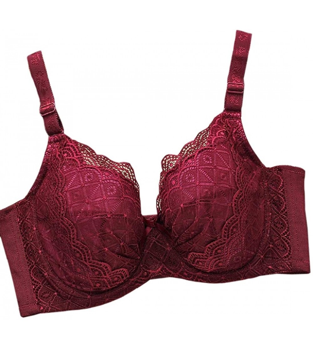 Bras Women Plus Size Lace Minimizer Underwire Non Padded Full-Coverage Bras - Wine Red - CL1939AR4EI $50.94