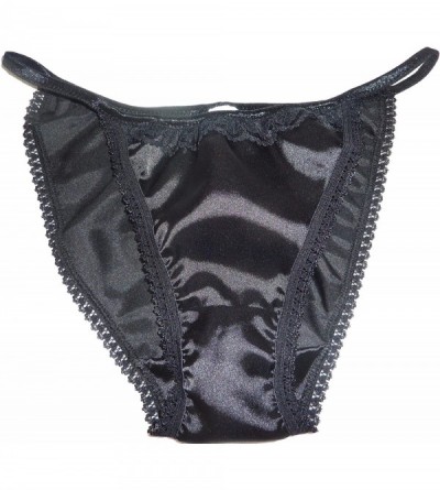 Panties Shiny Satin String Bikini Mini Tanga Panties Black with Black lace 6 Sizes Made in France - CK17YCECTSS $45.86