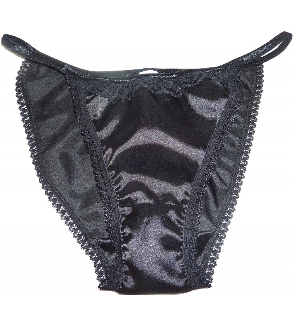 Panties Shiny Satin String Bikini Mini Tanga Panties Black with Black lace 6 Sizes Made in France - CK17YCECTSS $20.84