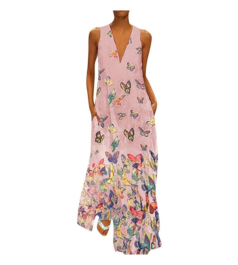 Panties Women Loose Dress Casual Summer Butterfly Sunflower Folk Print V-Neck Ethnic Bohemian Oversize Caftan Long Maxi Dress...