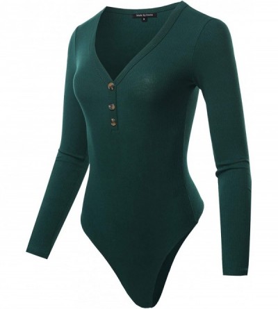 Shapewear Women's Classic Rib Long Sleeve Scoop Neck Bodysuit - Fewbsl0009 Deep Green - C618YCW5WS3 $11.81