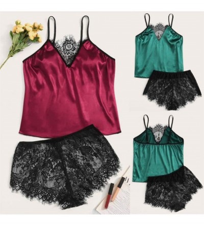 Sets Lingerie for Women for Sex Sexy Womens Satin Lace Silk Camisole Shorts Bow Set Sleepwear Pajamas Lingerie Z1 green - CN1...