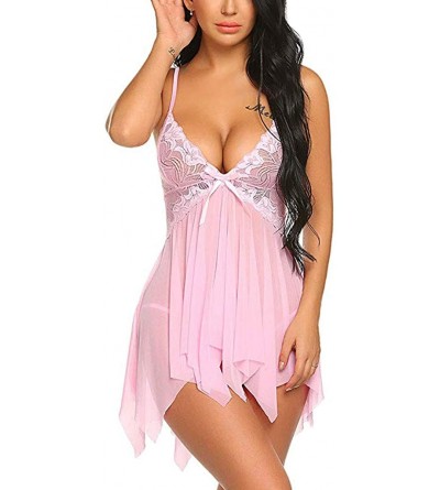 Baby Dolls & Chemises Women Nightwear Plus Size Lace Babydoll Strap Chemise Halter Lingerie - Pink - C0193Q3WZ8H $15.71