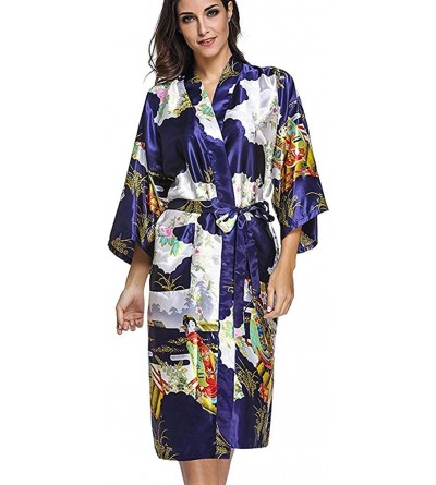 Robes Women's Satin Kimono Robe Sleepwear for Ladies Plus Size - Navy Blue - CO126NT11T7 $42.98