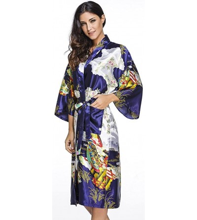 Robes Women's Satin Kimono Robe Sleepwear for Ladies Plus Size - Navy Blue - CO126NT11T7 $21.49