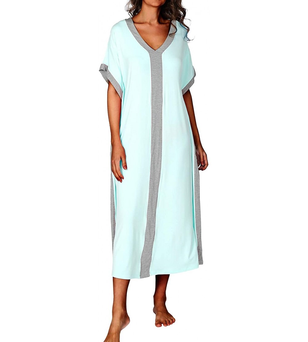 Nightgowns & Sleepshirts Women's Ultra-Soft Sleepwear Full Length Loungewear Caftan Short Sleeves Maxi Nightgown M-L - Aqua -...