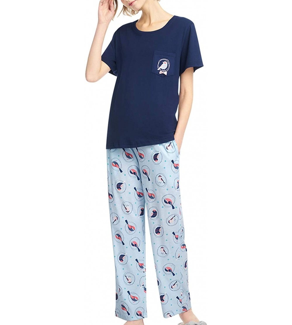 Sets Women's Cute Bird Pattern Pajamas Set Cotton Sleepwear Soft Pj Set - Navy - CC18ZA0LLXL $10.52
