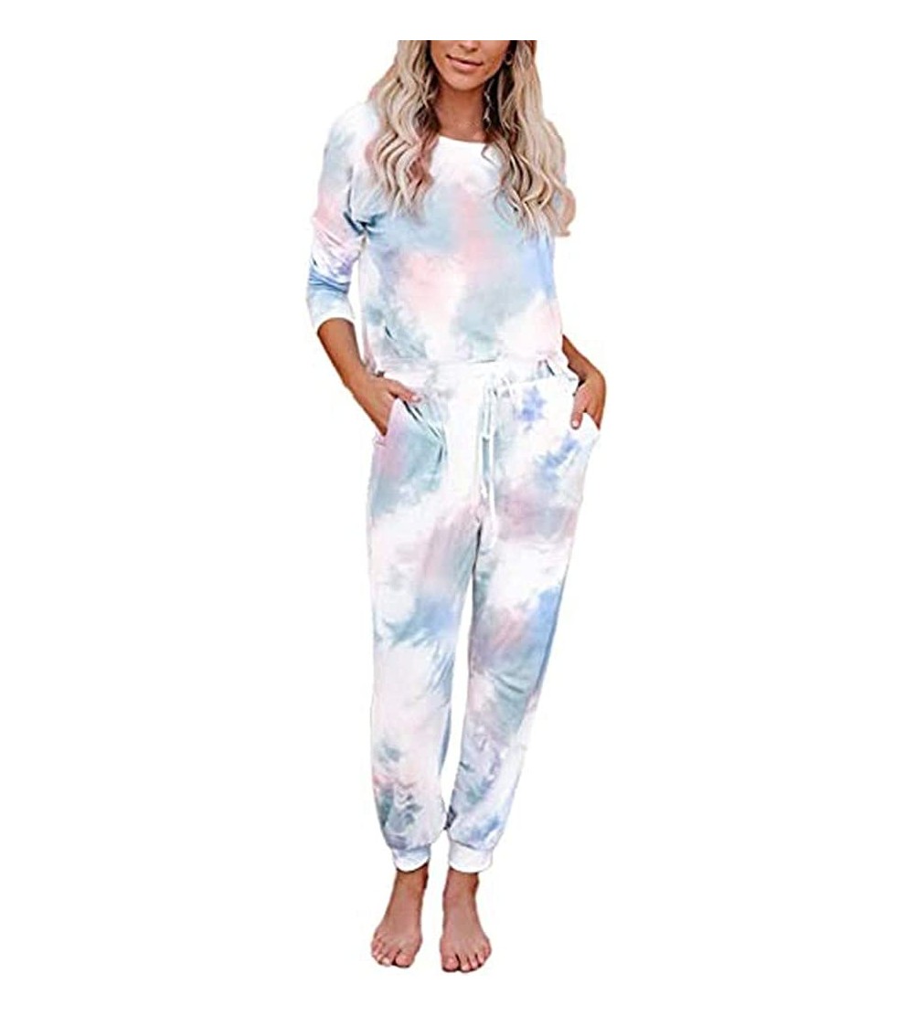 Sets Womens Pajama Sets Sexy-2Pcs Tie-Dye Sweatsuit Set Long Sleeve Top Drawstring Sweatpants Sleepwear Shorts Nightwear - Mu...