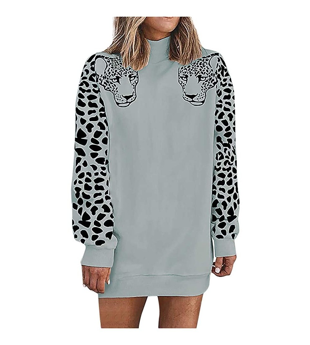 Thermal Underwear Fashion Tops Women's Leopard Print Sweatshirt High Collar Long Sleeves T-Shirt - Gray - CF192ZMQWT5 $26.41