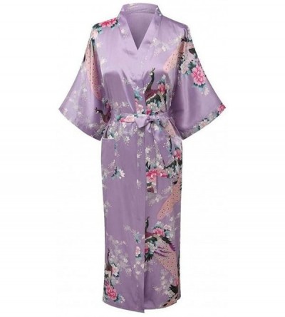 Robes Blue Chinese Women Long Silk Rayon Robe Kimono Yukata Bath Gown Lingerie Sleepwear Flower XXXL Br035 Light Purple L - C...