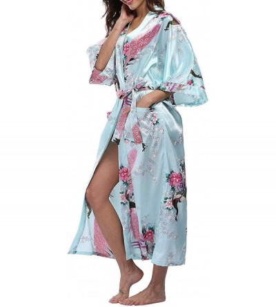 Robes Blue Chinese Women Long Silk Rayon Robe Kimono Yukata Bath Gown Lingerie Sleepwear Flower XXXL Br035 Light Purple L - C...