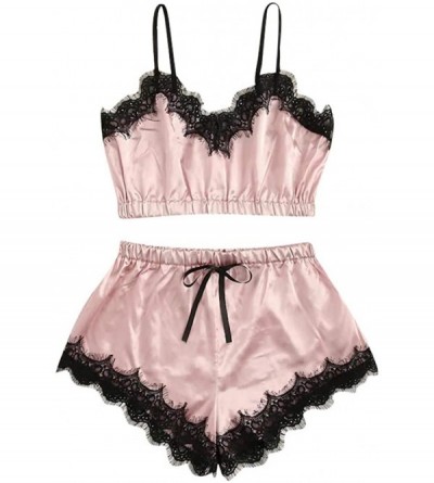 Sets Women Sleepwear Sleeveless Strap Nightwear Lace Trim Satin Cami Top Pajama Sets - Pink - CN1987DY9HZ $27.75