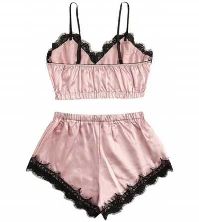 Sets Women Sleepwear Sleeveless Strap Nightwear Lace Trim Satin Cami Top Pajama Sets - Pink - CN1987DY9HZ $11.03