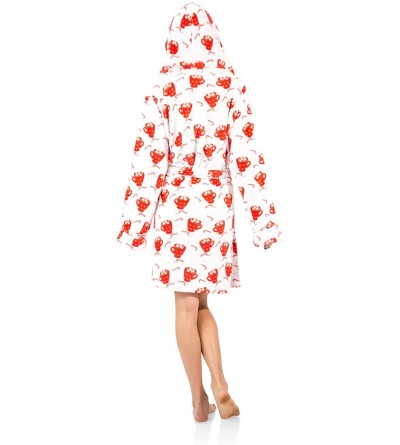 Robes Women's Plush Coral Fleece Zip Up Hooded Robe - Ivory Red - Ivory Red Cocoa - CL12OB0M15G $28.96