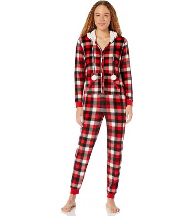 Sets Women's Sleepwear Microfleece Hooded Onesie Pajamas with Poms - Checkered Plaid - C318OQ3DNGE $72.23