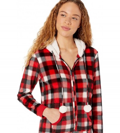 Sets Women's Sleepwear Microfleece Hooded Onesie Pajamas with Poms - Checkered Plaid - C318OQ3DNGE $34.81