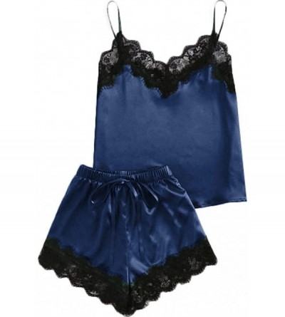 Sets Women Cami Lingerie Set Lace Satin Cami Shorts PJ Camisole Set Sexy Nightwear - Dark Blue - C718LTG39R7 $12.61