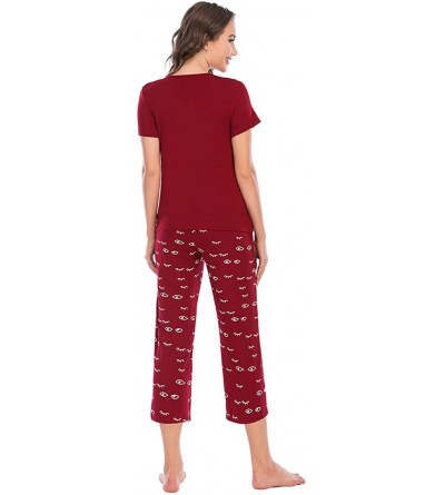 Sets Womens Pajama Set Printed Soft Striped Sleepwear Short Sleeve Capri Pants Pjs Sets SQW0022 - Red - CA19DI3C7KT $32.15