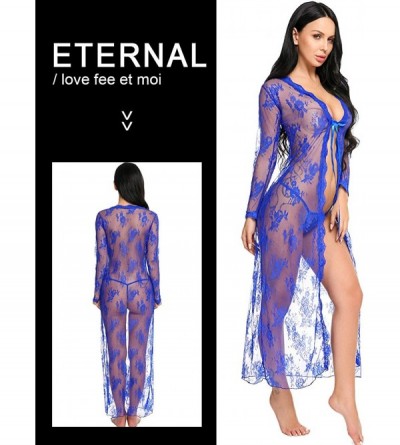Robes Lingerie for Women Sexy Long Lace Dress Sheer Gown See Through Kimono Robe - Blue - CT182A9Q72L $14.89