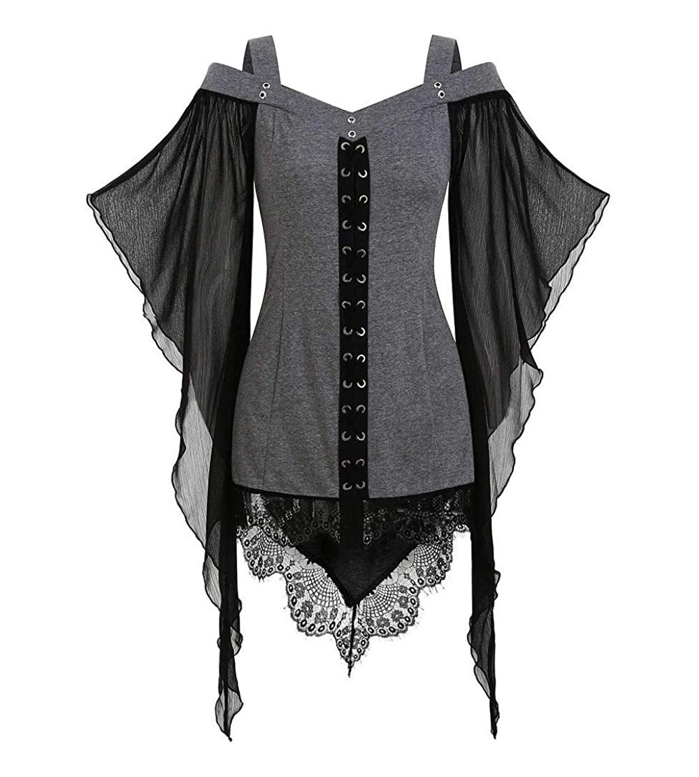 Tops Women Gothic Criss Cross Lace T-Shirt Insert Butterfly Sleeve Plus Size Tops - Gray - CX18YQGIYNE $20.84
