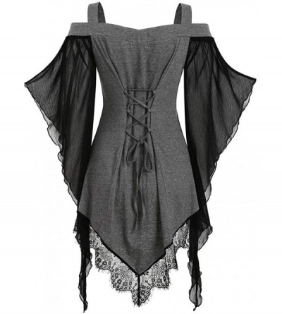Tops Women Gothic Criss Cross Lace T-Shirt Insert Butterfly Sleeve Plus Size Tops - Gray - CX18YQGIYNE $20.84