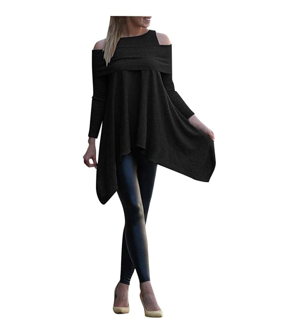 Tops Blouse Womens Solid Color Long Sleeve Sweatshirt Loose Print Pullover Tops Blouse - Black - C2195H5CM7C $13.81