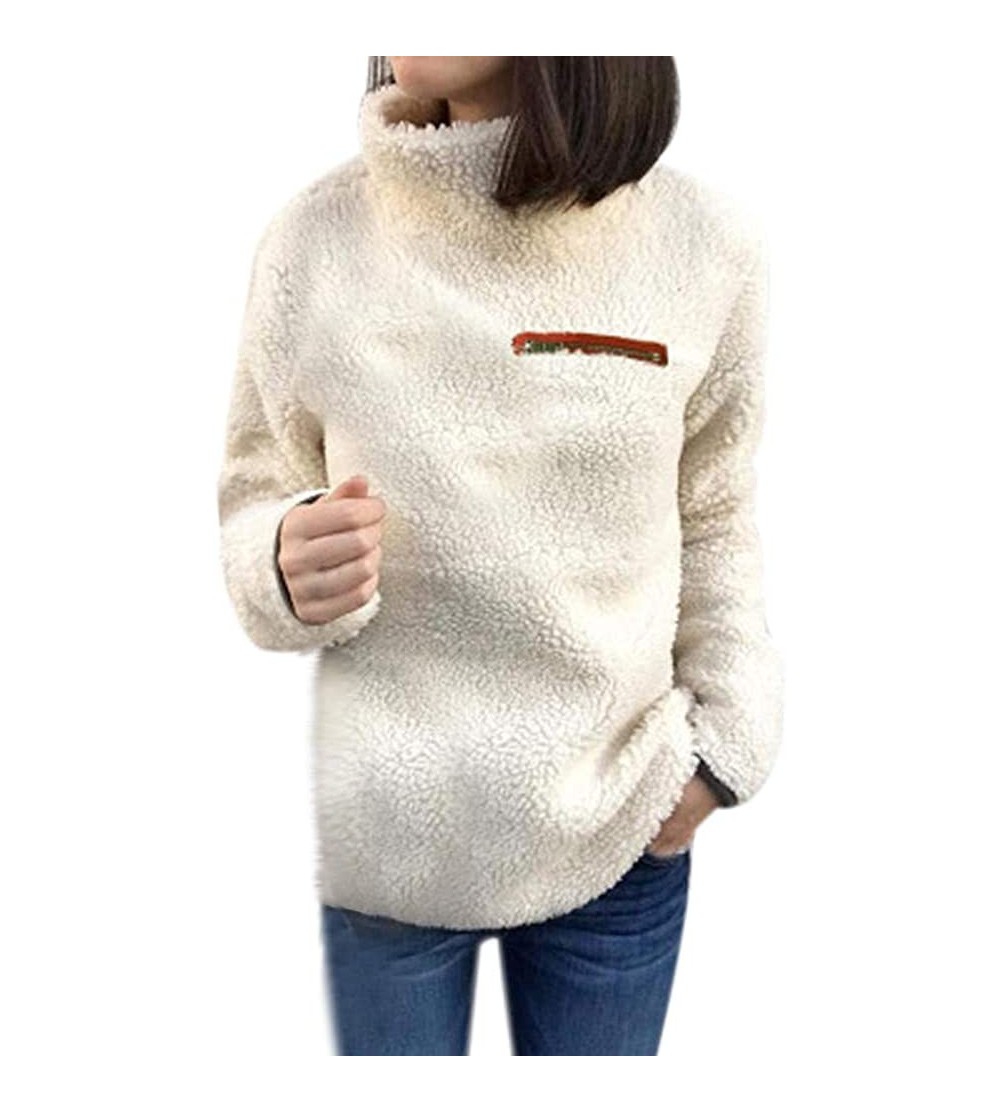 Tops Fleece Jacket Women Pullover Turtleneck Fuzzy Warm Coat Shearling Sherpa Fluffy Outwear Sweatshirt Pocket Zipper Beige -...
