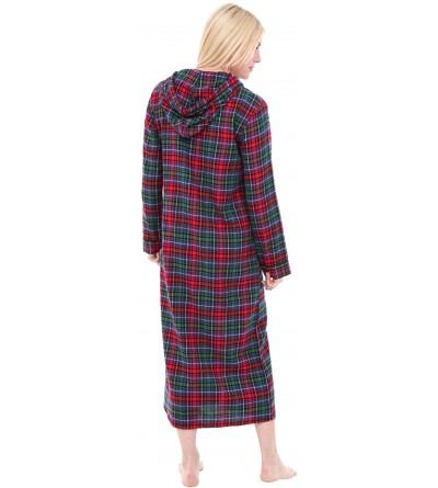 Robes Womens Hooded Flannel Robe with Zipper- Lightweight Cotton House Coat - Red Green Blue Even Plaid - CV18C6IONH2 $24.20