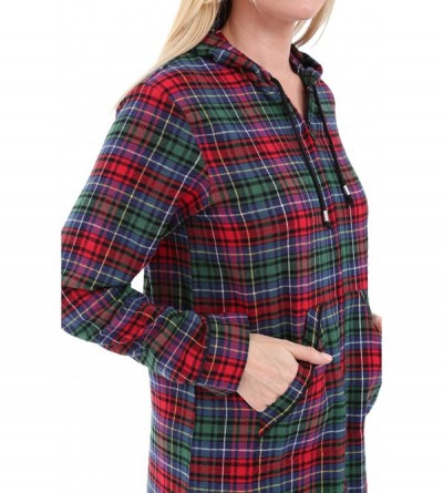 Robes Womens Hooded Flannel Robe with Zipper- Lightweight Cotton House Coat - Red Green Blue Even Plaid - CV18C6IONH2 $24.20