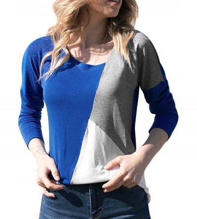 Thermal Underwear Patchwork Color Block Top Women Blouse Casual O-Neck Long Sleeve T-Shirt - Blue 2 - CW18IQ2I8N3 $47.99