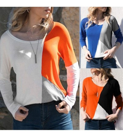 Thermal Underwear Patchwork Color Block Top Women Blouse Casual O-Neck Long Sleeve T-Shirt - Blue 2 - CW18IQ2I8N3 $28.92