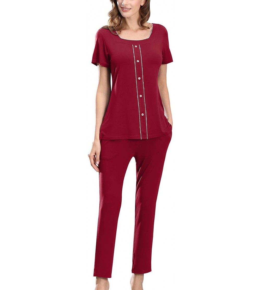 Sets Womens Pajamas Set Short Sleeve Sleepwear Tunic Top & Capri Pants Loungewear Pjs Sets - Wine Red (Bamboo Fiber) - C1193Y...